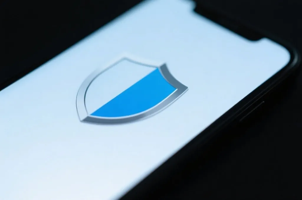 A minimalist digital shield icon on a smartphone screen, symbolizing security and trust, soft blue and silver colors